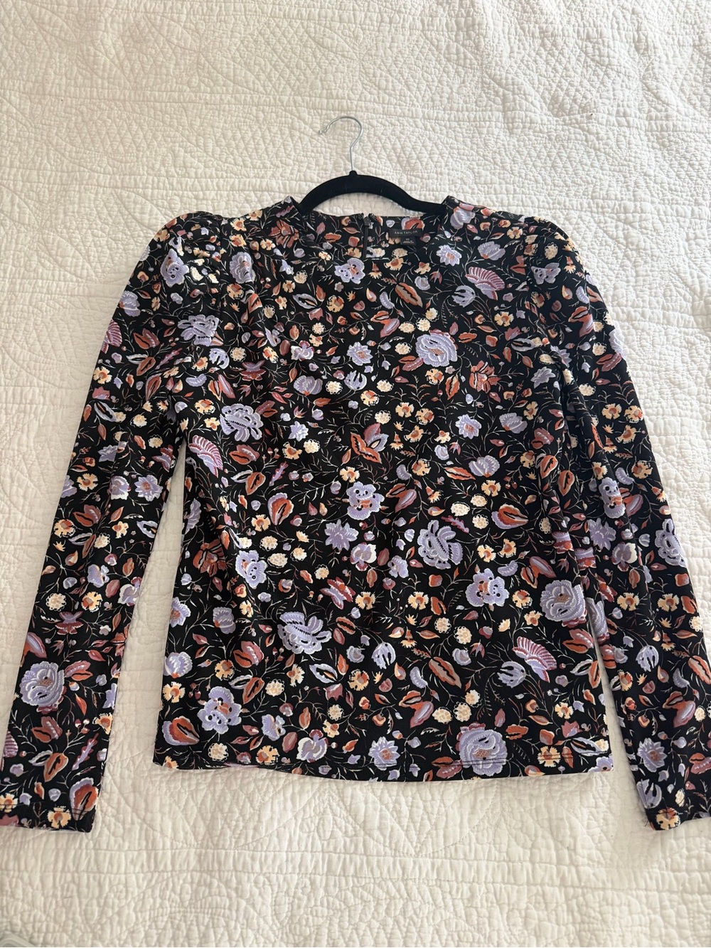Ann Taylor Black Floral Long-Sleeve Blouse with Lavender and Rust Accents